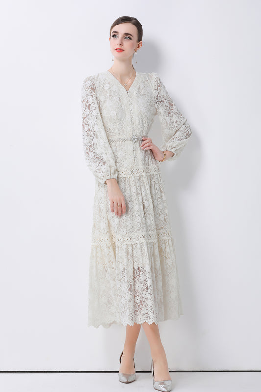 Women's V-Neck Puff Sleeves Button Lace Midi Dress