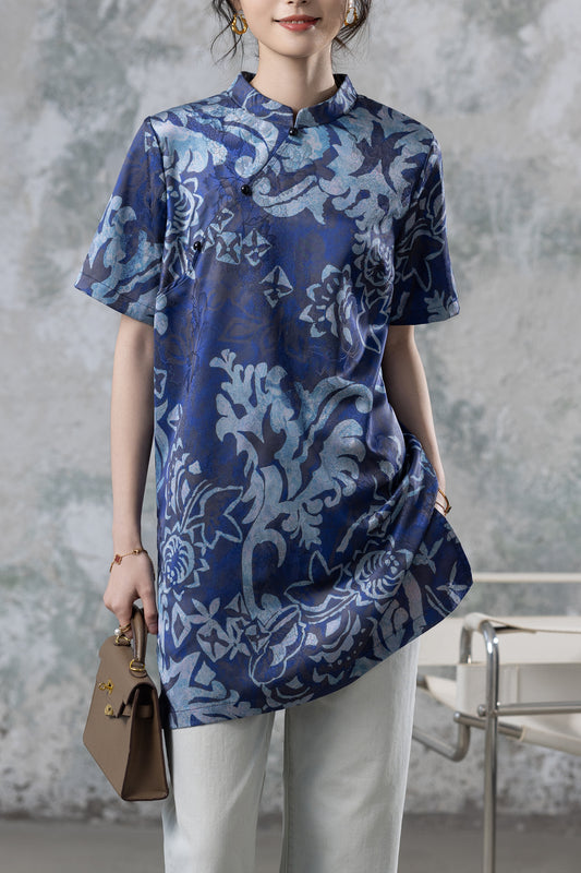Women's Short Sleeve Button Print Qipao Satin Blouse