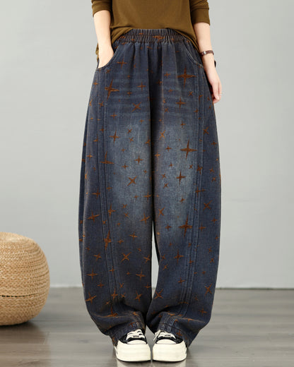 28677-Vintage Brown Star Print Denim Wide Leg Pants with Elastic Waist