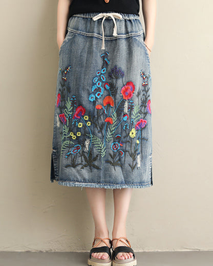 Embroidered Floral Denim Midi Skirt