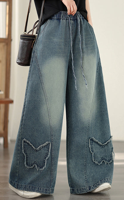 Wide-Leg Drawstring Jeans with Butterfly Fringe Detail - LAI MENG FIVE CATS