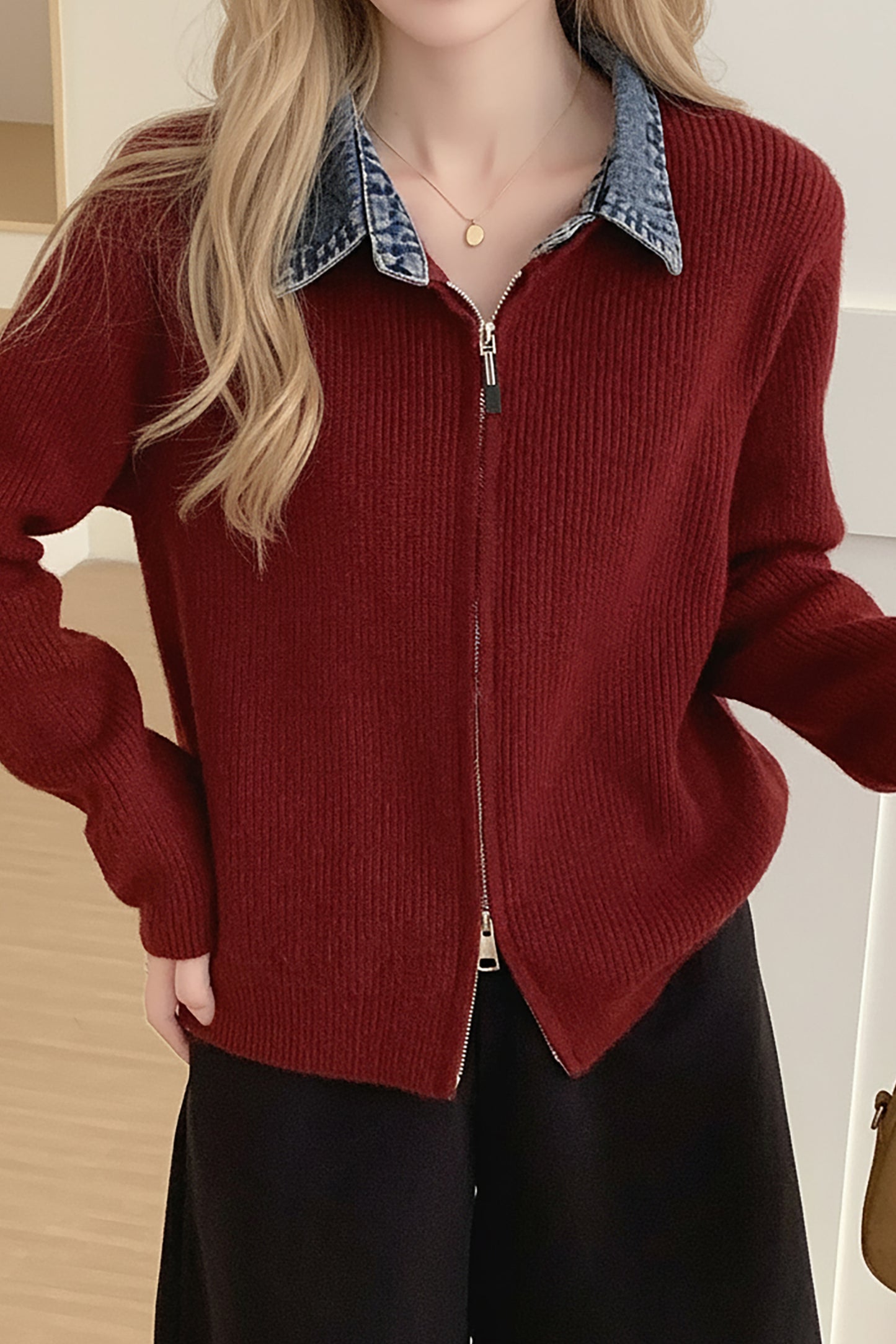 Women's Zip Up Cardigan Sweater Denim Polo Knit Tops