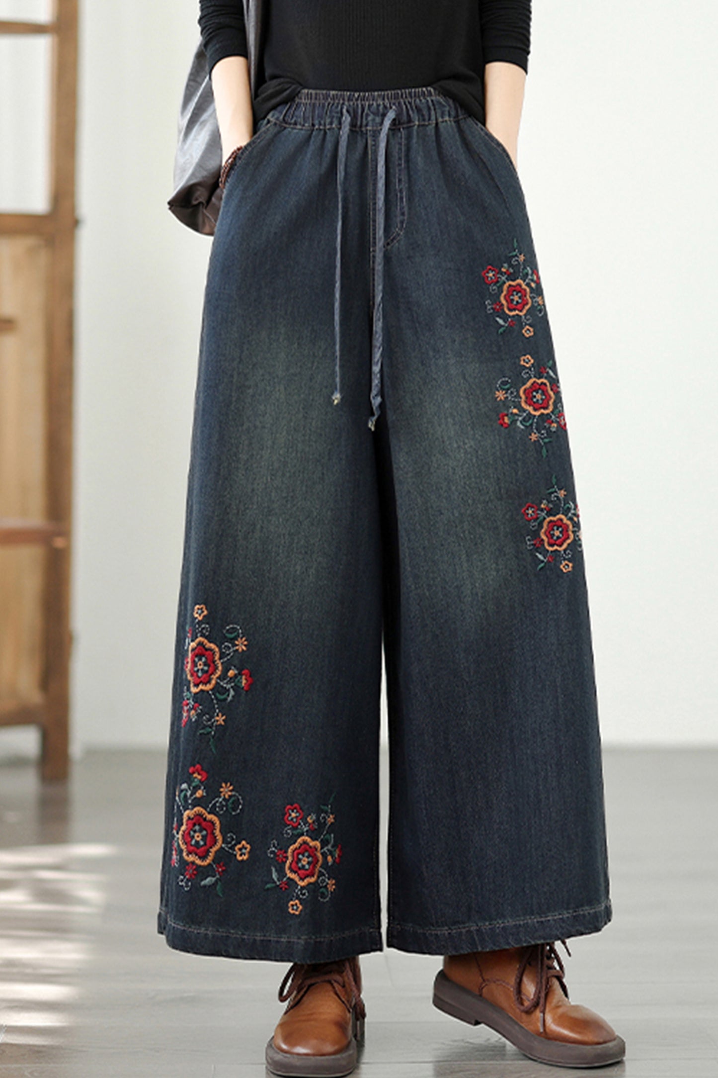 Women's Baggy Wide Leg Jeans Embroidery Pants