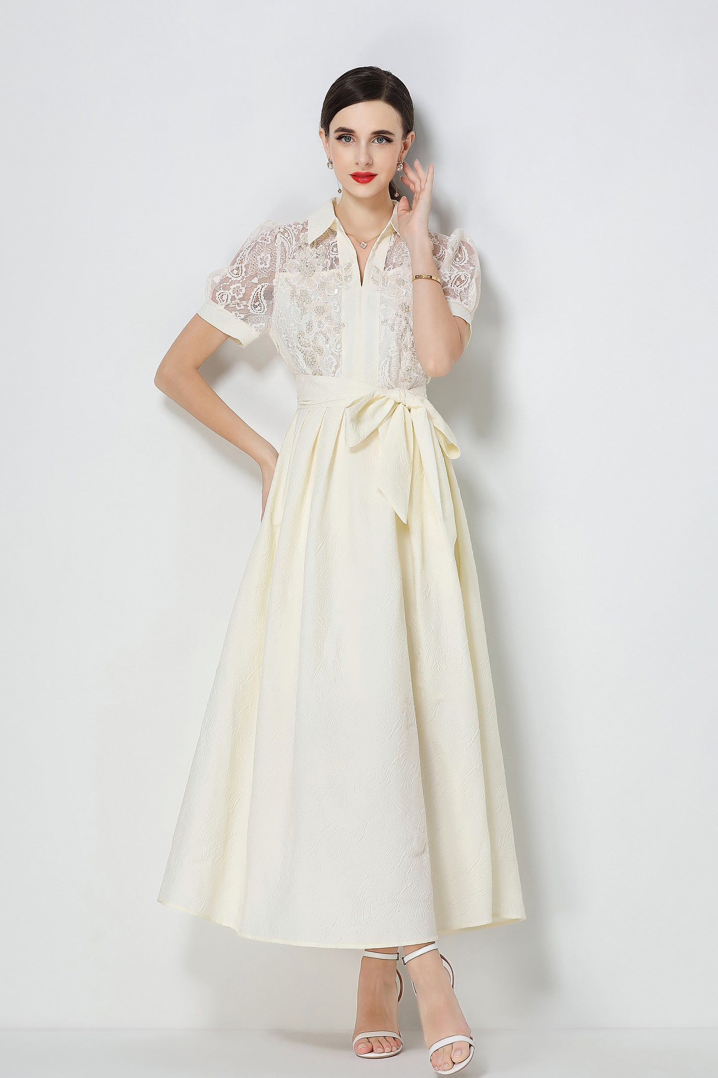 Elegant V-Neck Puff Sleeve Lace Jacquard Beige Maxi Dress