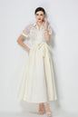 Elegant V-Neck Puff Sleeve Lace Jacquard Beige Maxi Dress