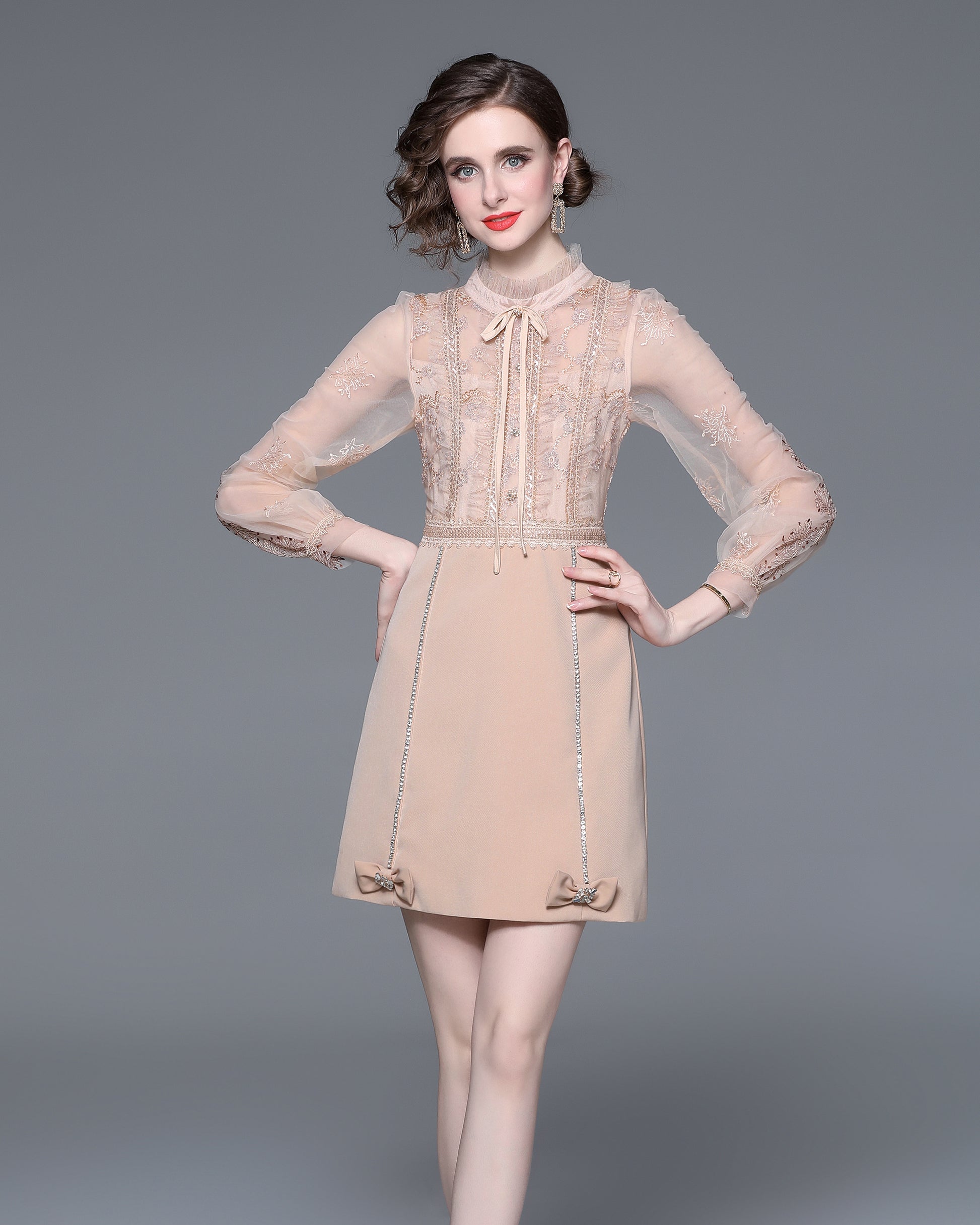 LAI MENG FIVE CATS Embroidered Mesh Bow-Tie Mini Dress - LAI MENG FIVE CATS