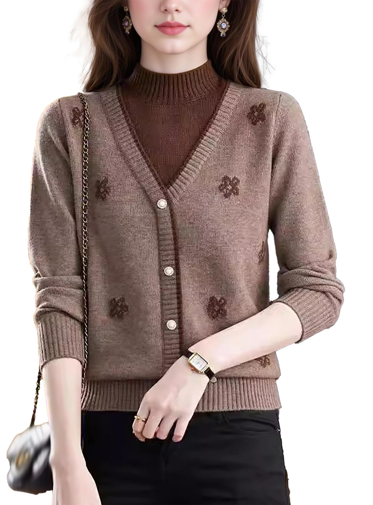 Floral Embroidered V-Neck Knit Sweater Pullover Top Fall Layered