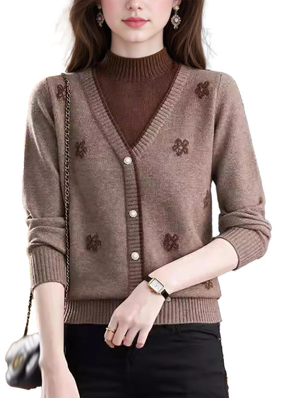 Floral Embroidered V-Neck Knit Sweater Pullover Top Fall Layered