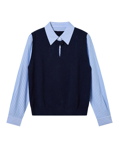 Navy Striped Collared Knit Shirt – Polished Preppy Fall Top