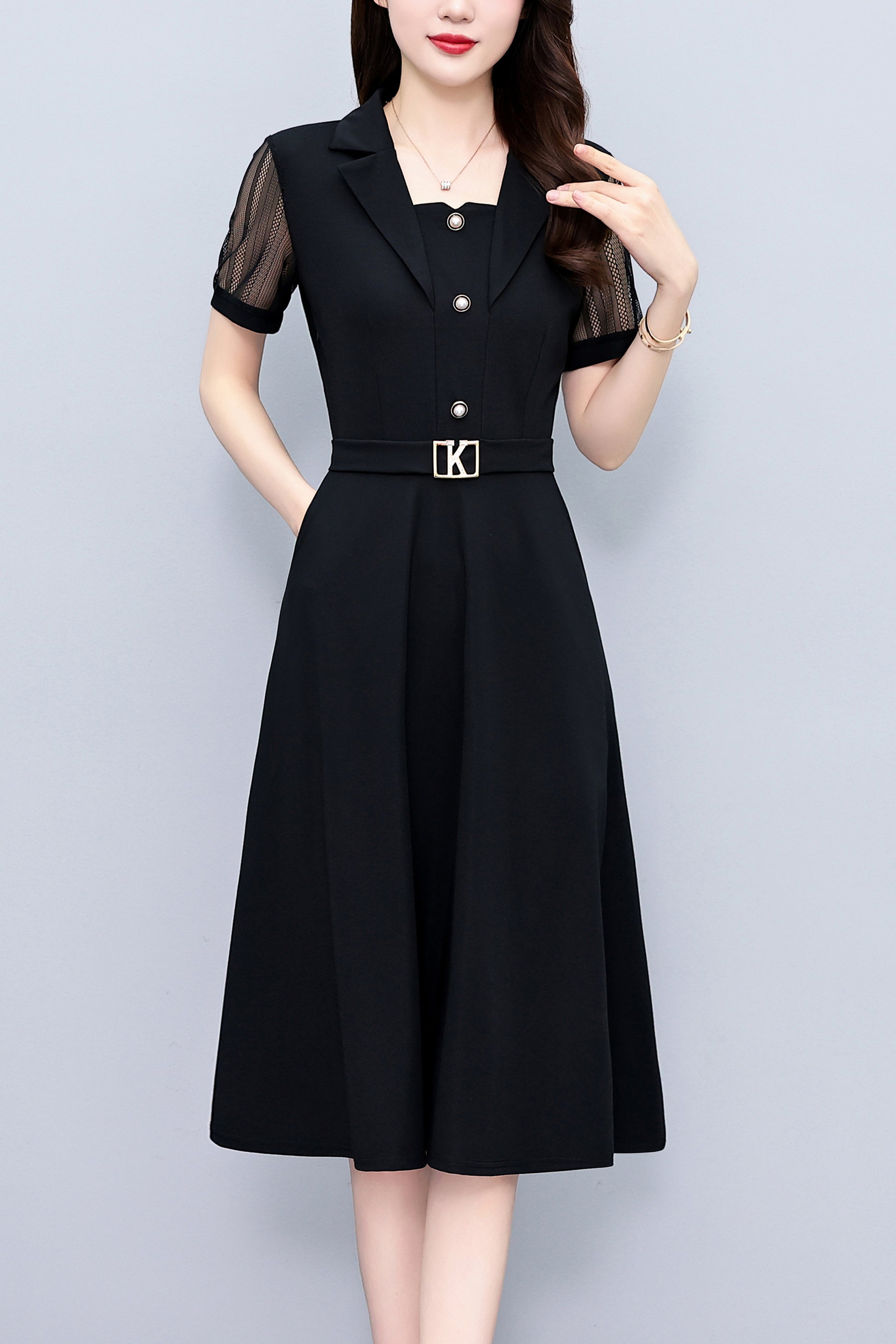 Women's Short Sleeve Pocket Work Office Suit Dress - LAI MENG FIVE CATS