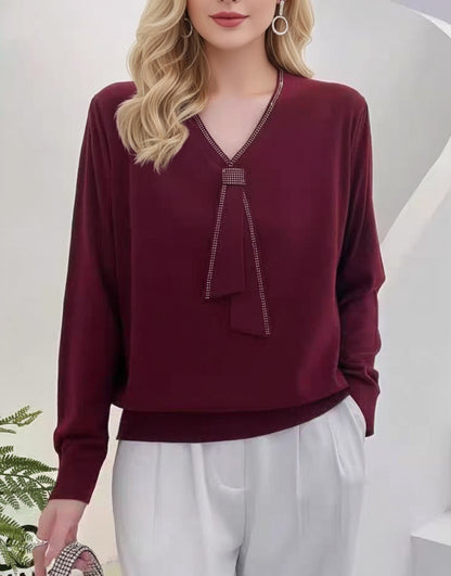 Women's Tie V-Neck Sweater Solid Color Pullover Tops