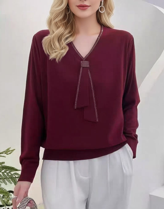 Women's Tie V-Neck Sweater Solid Color Pullover Tops