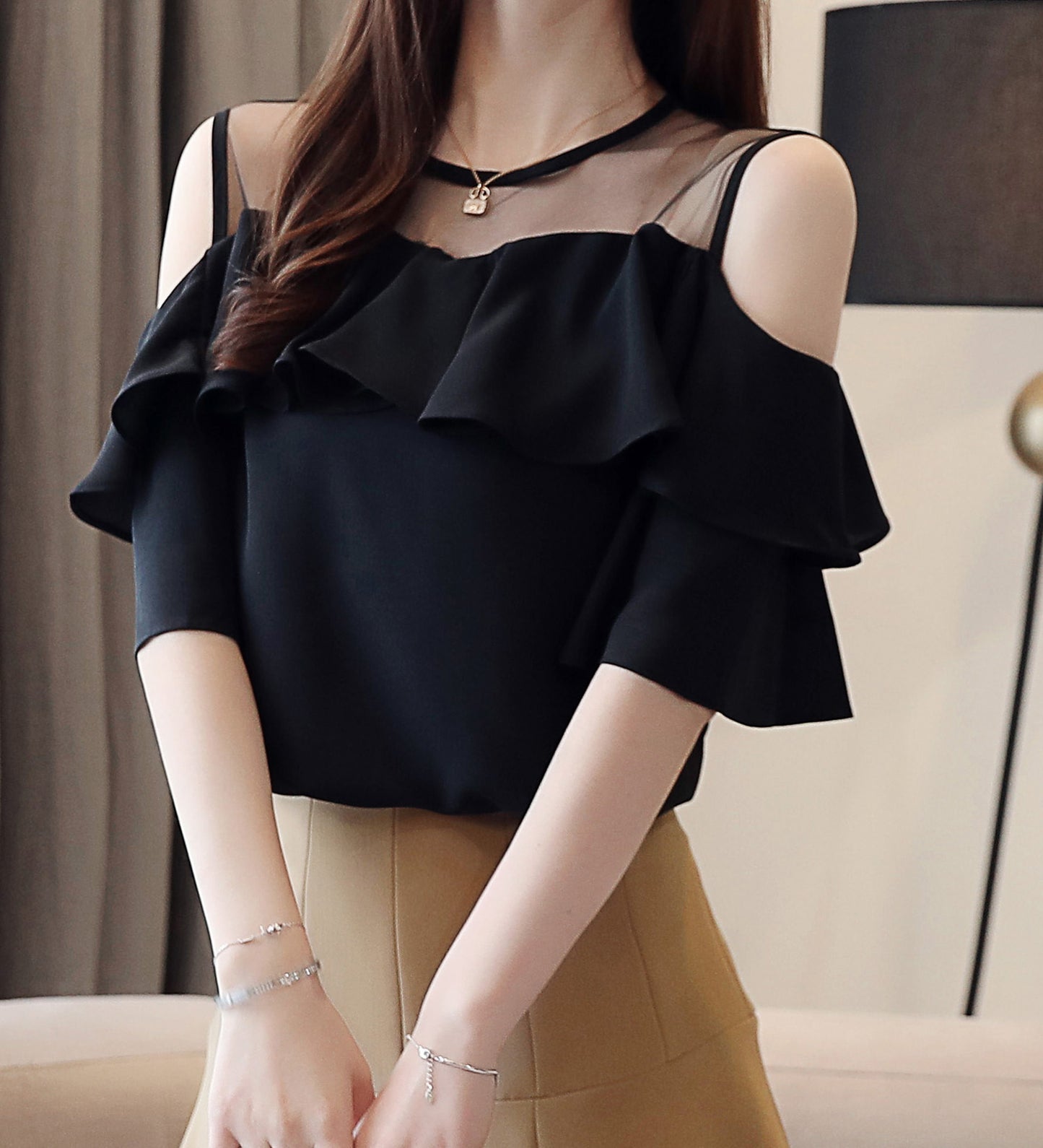 Cold Shoulder Chiffon Ruffle Top | Elegant Summer Statement Blouse