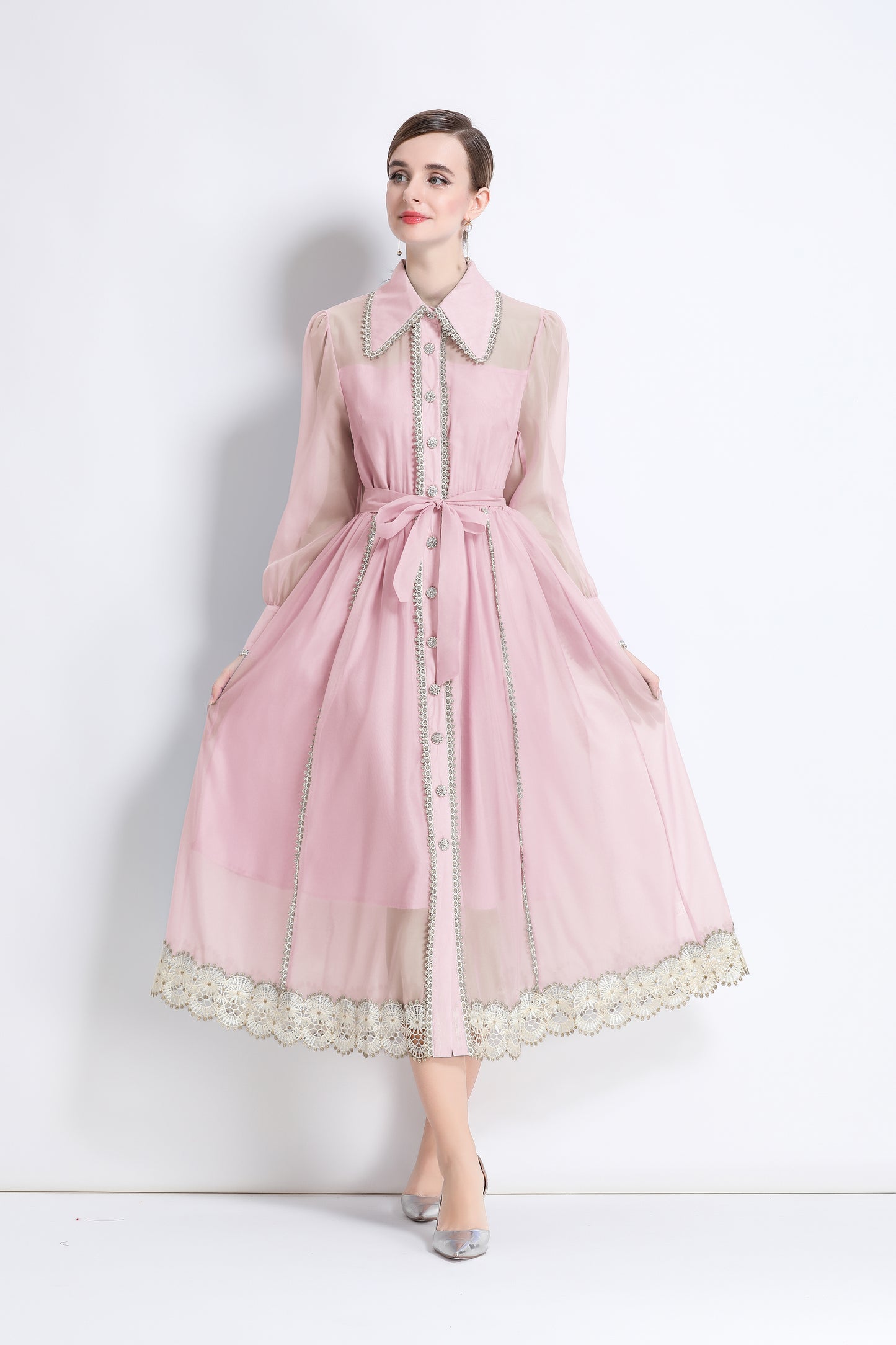 Women's Organza Lapel Neck Lace Midi Dress