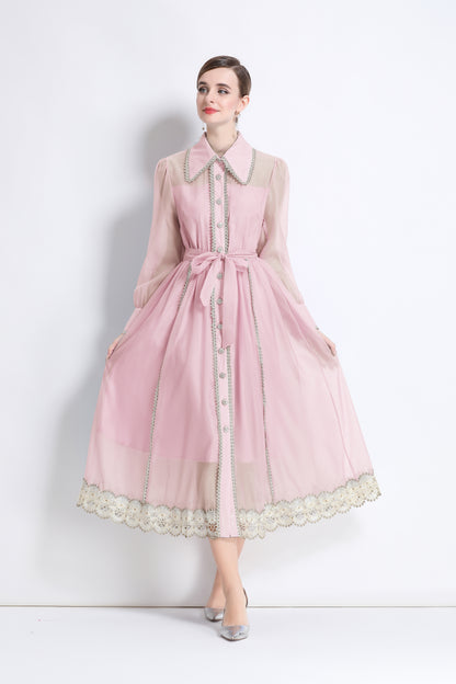Women's Organza Lapel Neck Lace Midi Dress