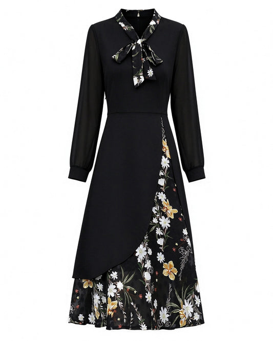 Black Layered Floral Tie-Neck Dress | $39.98