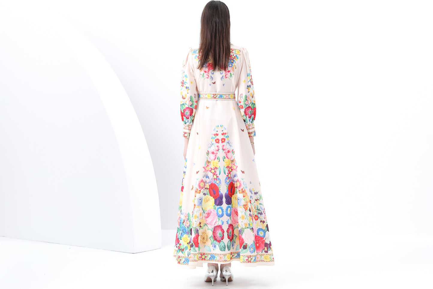 Women's Notch Lapels Puff Sleeve Print Maxi Dress