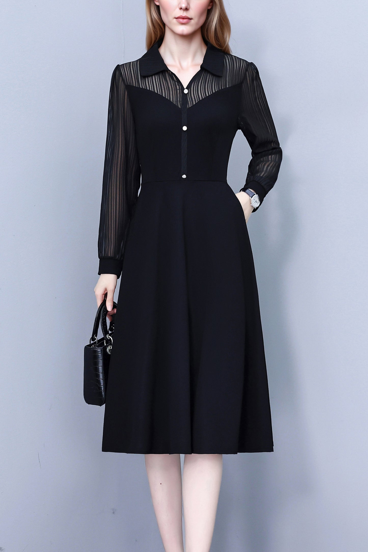 Women's V-Neck Long Sleeve with Pockets Black Dress