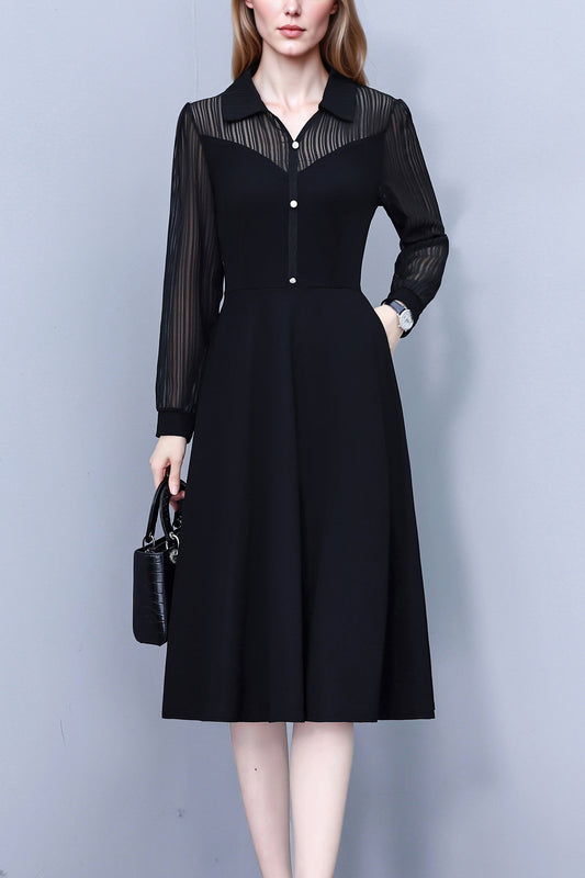Women's V-Neck Long Sleeve with Pockets Black Dress