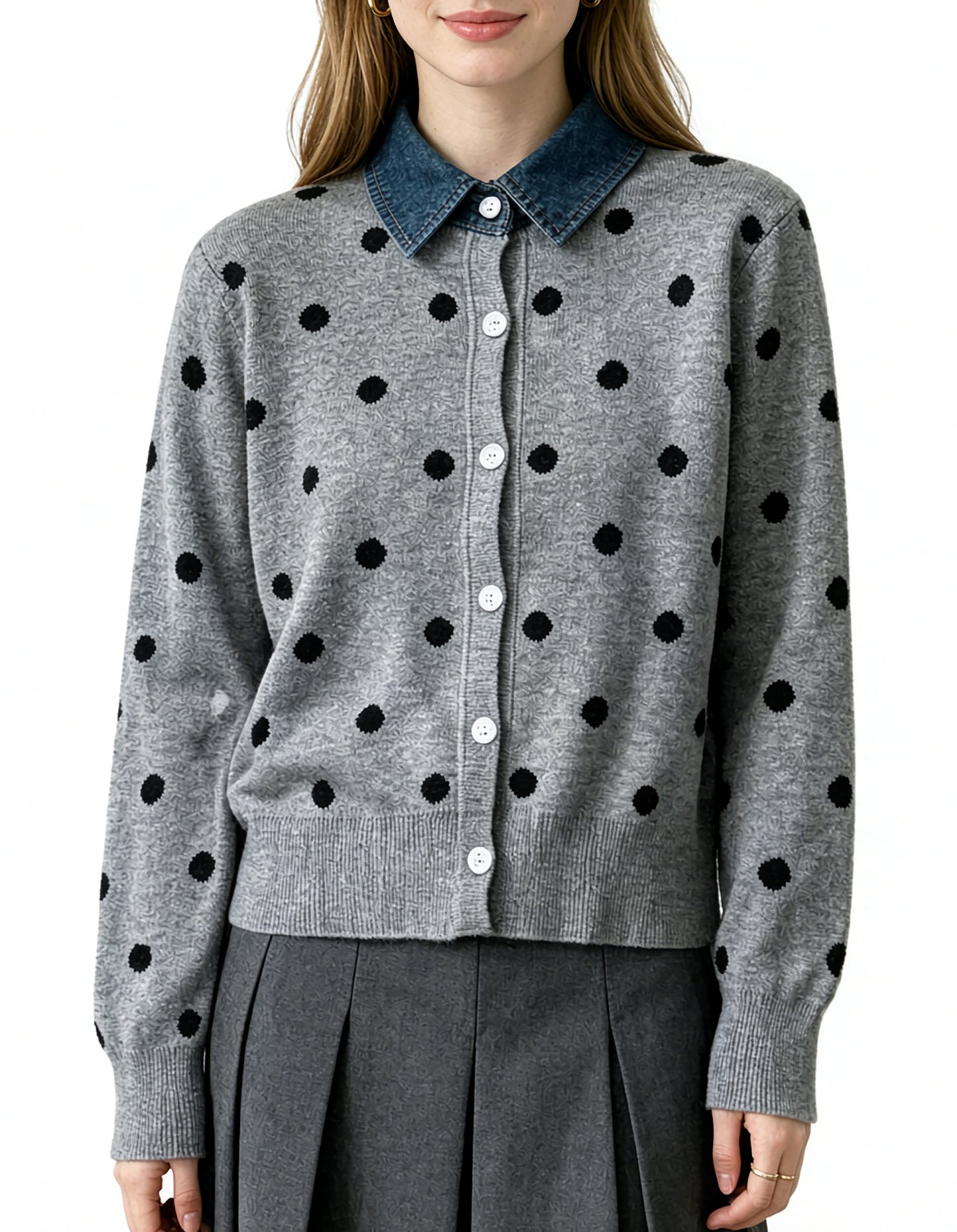 Polka Dot Knit Cardigan with Denim Collar