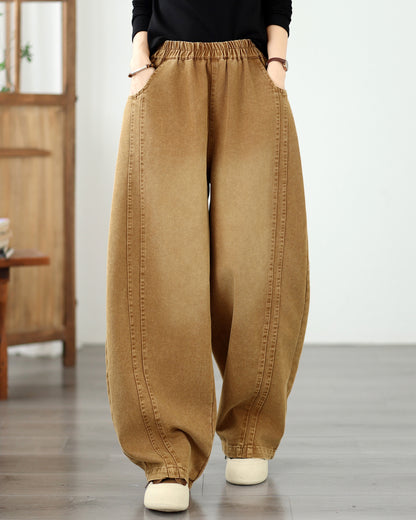Vintage Khaki Denim Barrel Pants | Wide-Leg Lantern Fit & Elastic Waist