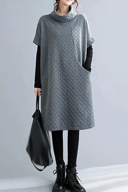 High Collar Loose Pullover Dress with Pocket