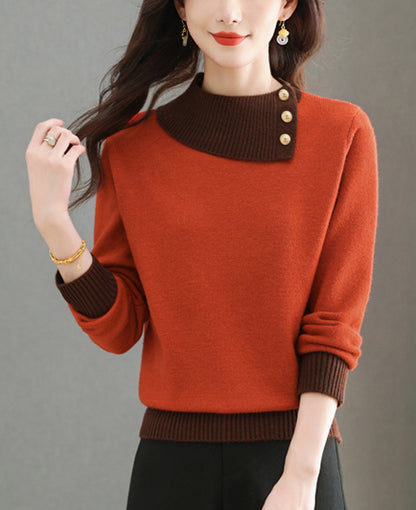 Chic Color-Block Knit Sweater – Asymmetric Neck Pullover Tops