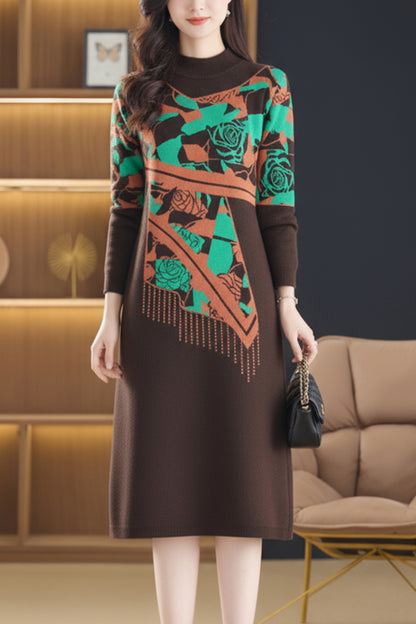 Women's Long Sleeve Print Ribbed Knitted Sweater Dress