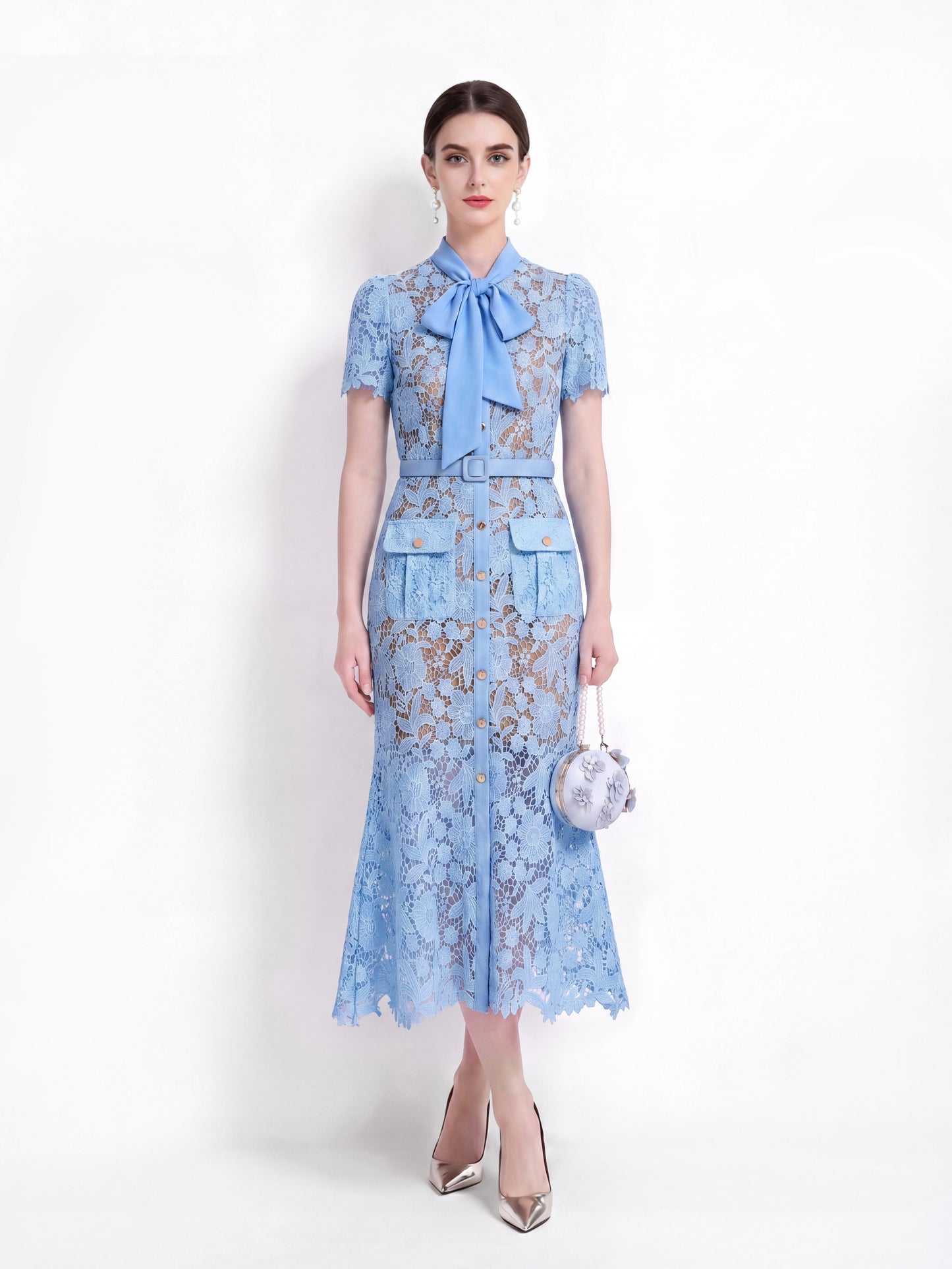 Powder Blue Lace Bow Midi Dress