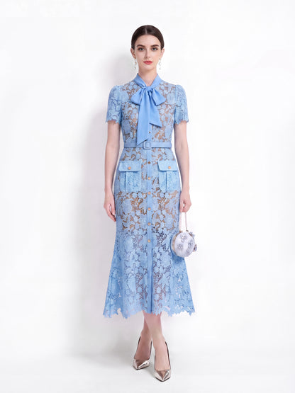 Powder Blue Lace Bow Midi Dress