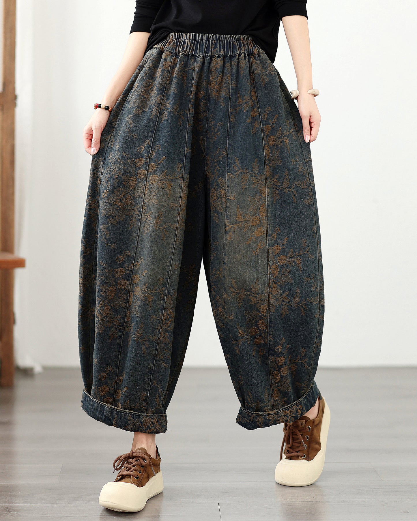 Women's Loose Floral Denim Jeans Elastic Waist Boho Lantern Pants