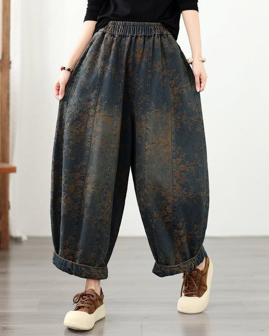 Women's Loose Floral Denim Jeans Elastic Waist Boho Lantern Pants
