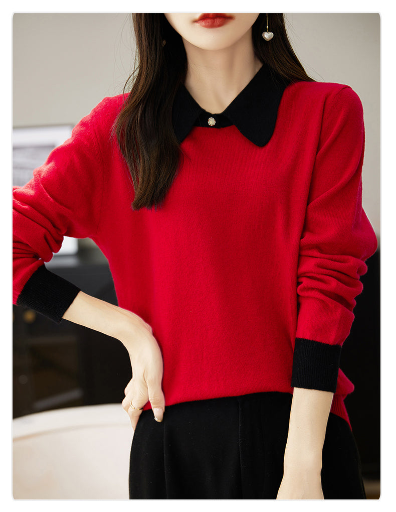 Contrast Collar Knit Sweater – Vintage Long Sleeve Pullover Top