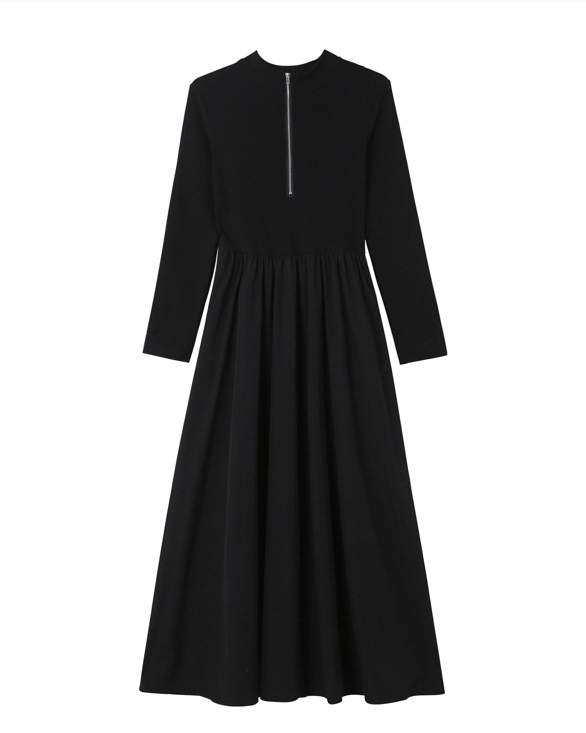 28665-Black Zip-Front Midi Dress – Stretch Knit Layered Look