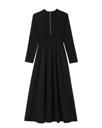 28665-Black Zip-Front Midi Dress – Stretch Knit Layered Look