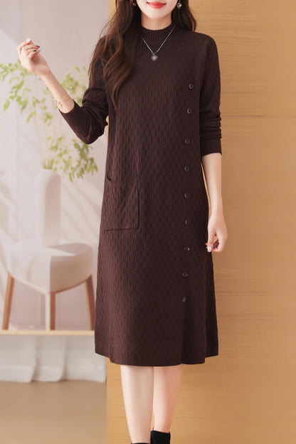 Knit Stretch Solid Button Midi Dress with Pockets