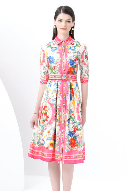 Women's Print Button Collar Short Sleeve Midi Dress