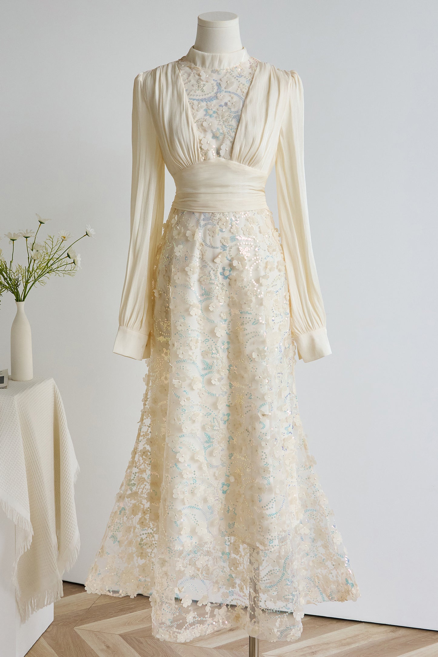 Elegant Sequin Embroidered 3D Floral Maxi Evening Dress