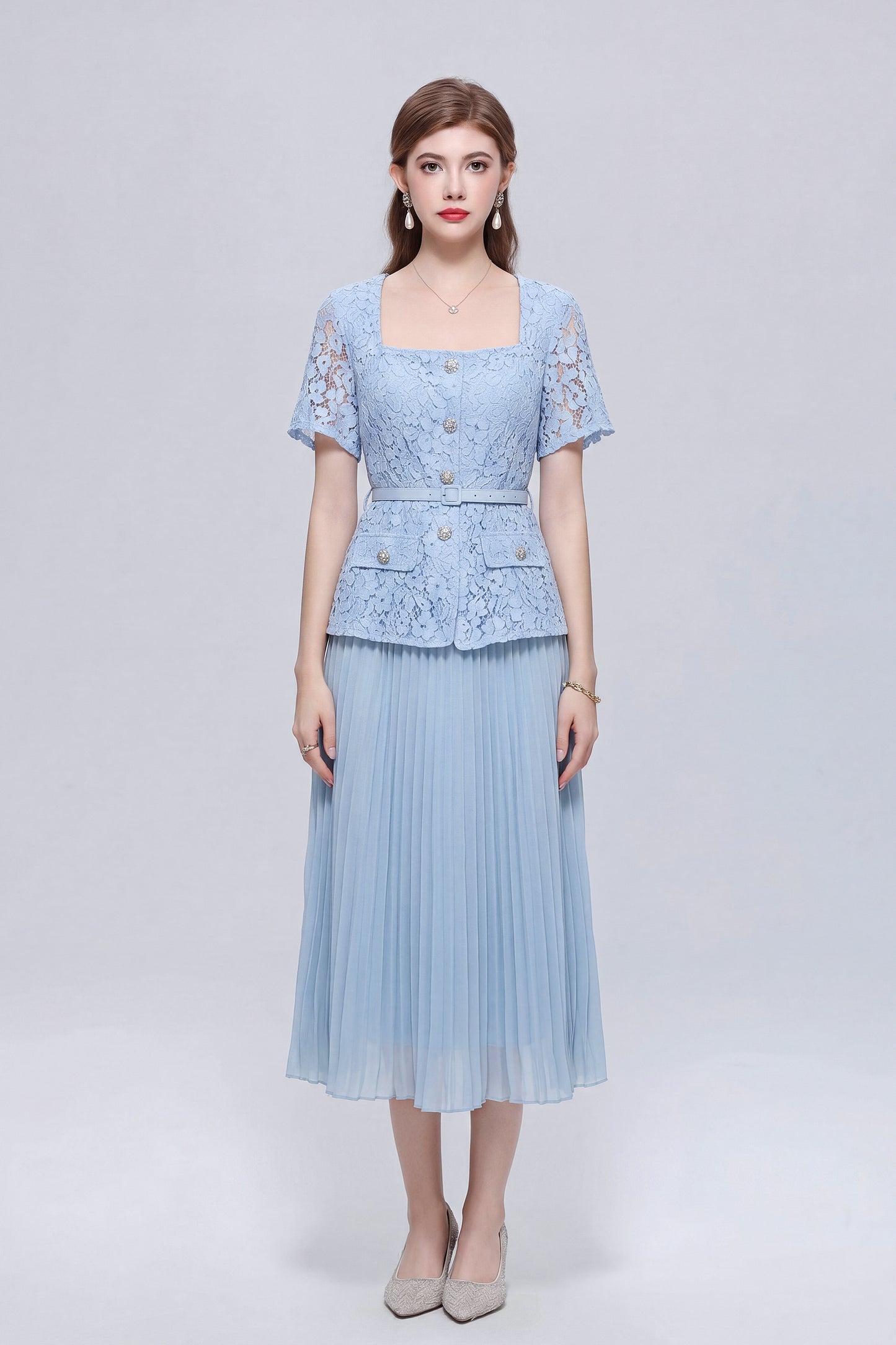 Graceful Square Neck Lace Pleated Button Midi Dress