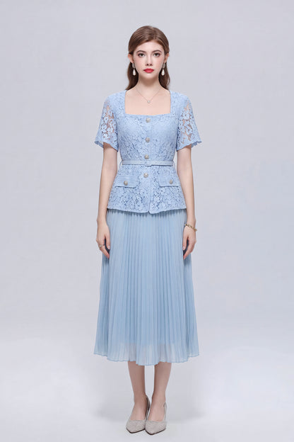 Graceful Square Neck Lace Pleated Button Midi Dress