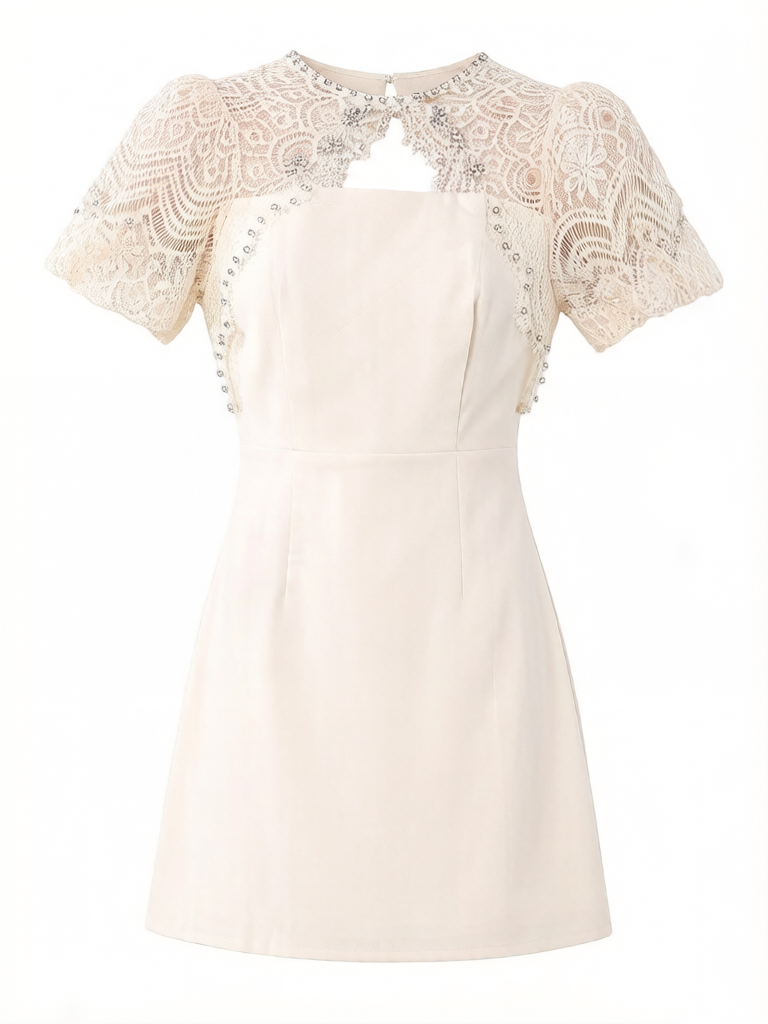 Ivory Beaded Lace Puff Sleeve Dress