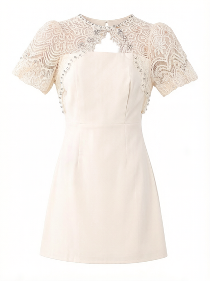 Ivory Beaded Lace Puff Sleeve Dress
