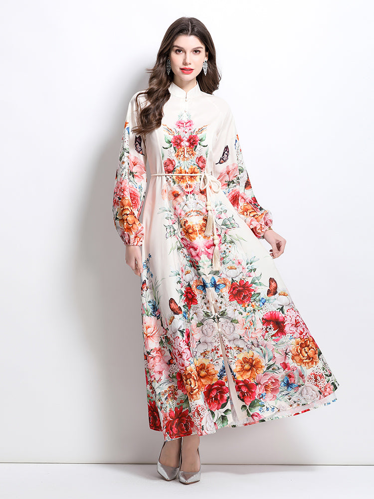 Women's Floral Print Puff Sleeve Split Party Maxi Dress