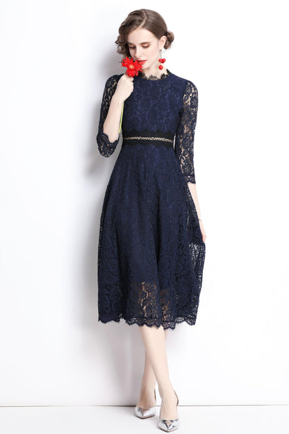 Women's 3/4 Sleeve Floral Lace Cocktail Party Midi Dress