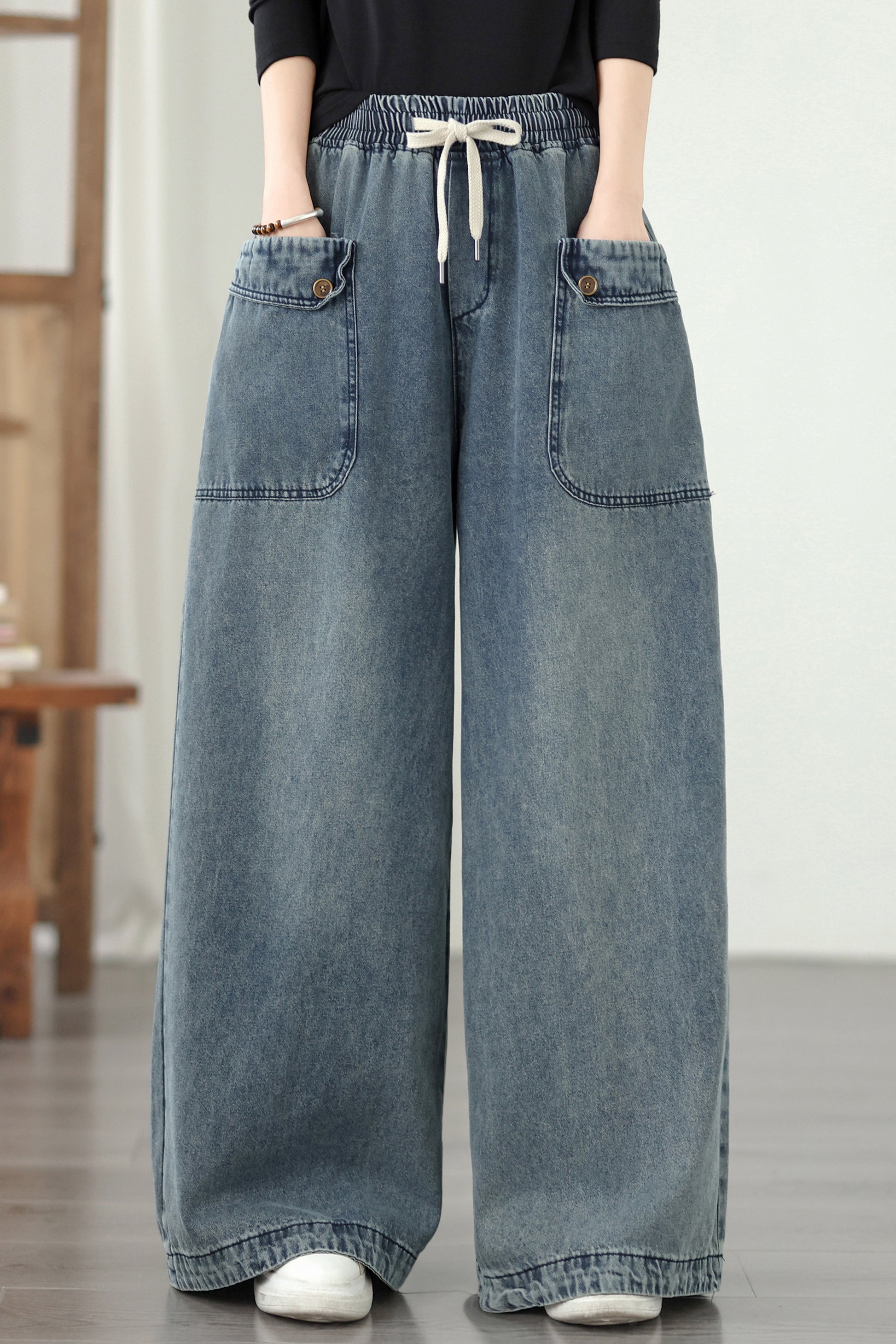 Jeans for Women Wide Leg Pull On Elastic Waist Denim - LAI MENG FIVE CATS