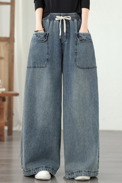 Jeans for Women Wide Leg Pull On Elastic Waist Denim - LAI MENG FIVE CATS