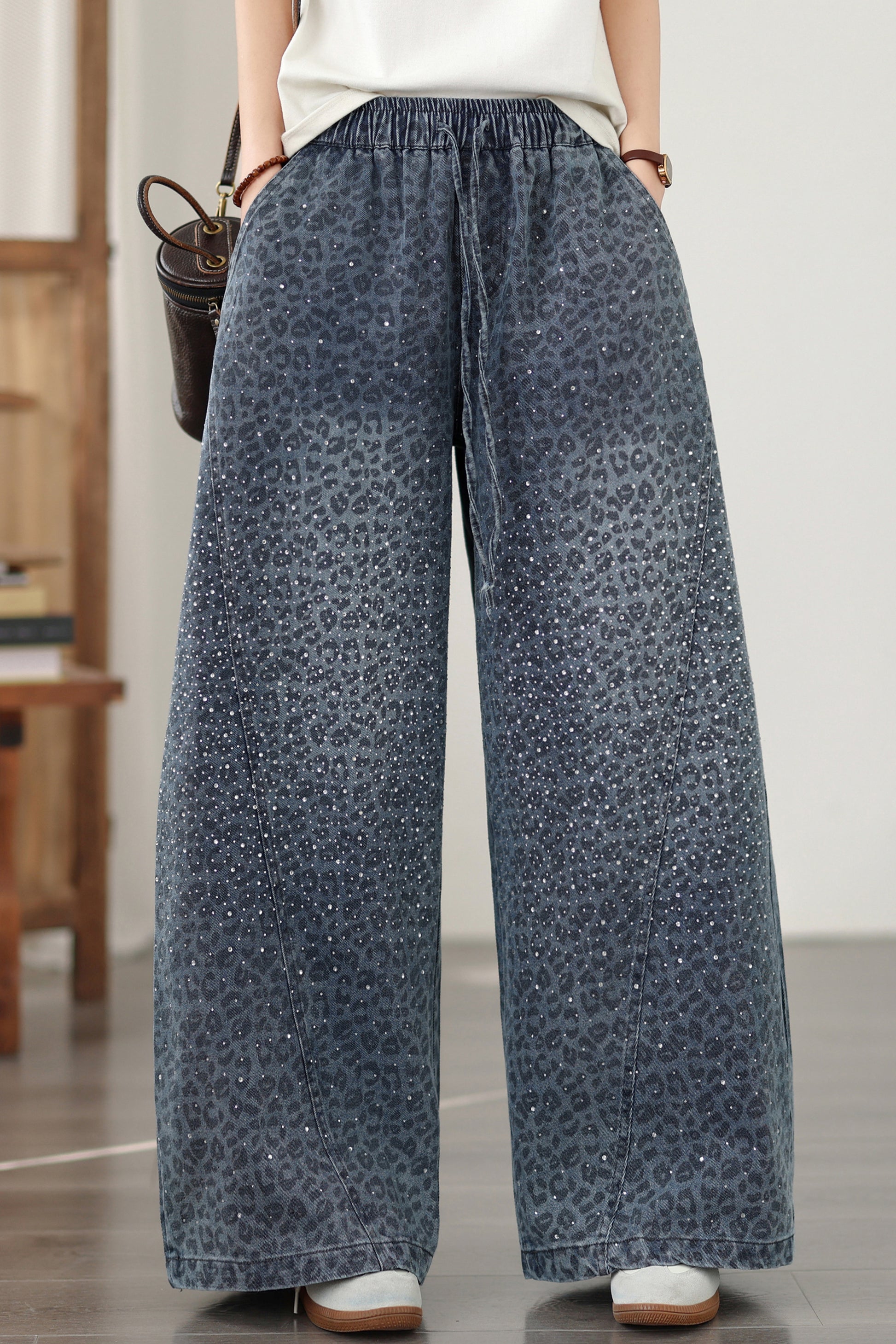26-Women's Baggy Jeans Elastic Waist Loose Denim Pants - LAI MENG FIVE CATS