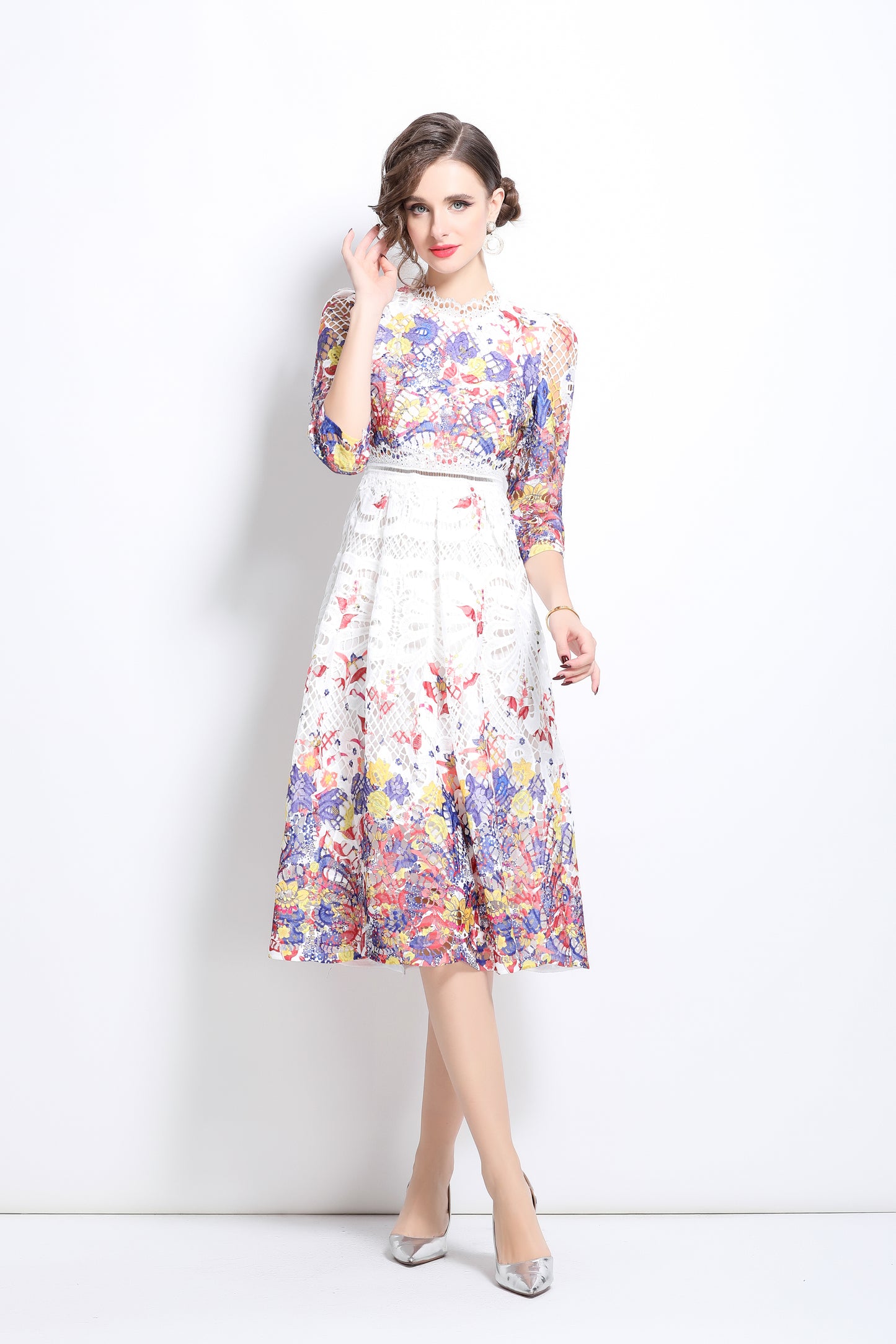 Women's Floral Lace Cocktail Party Swing Midi Dress