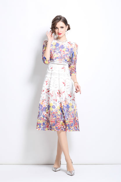 Women's Floral Lace Cocktail Party Swing Midi Dress