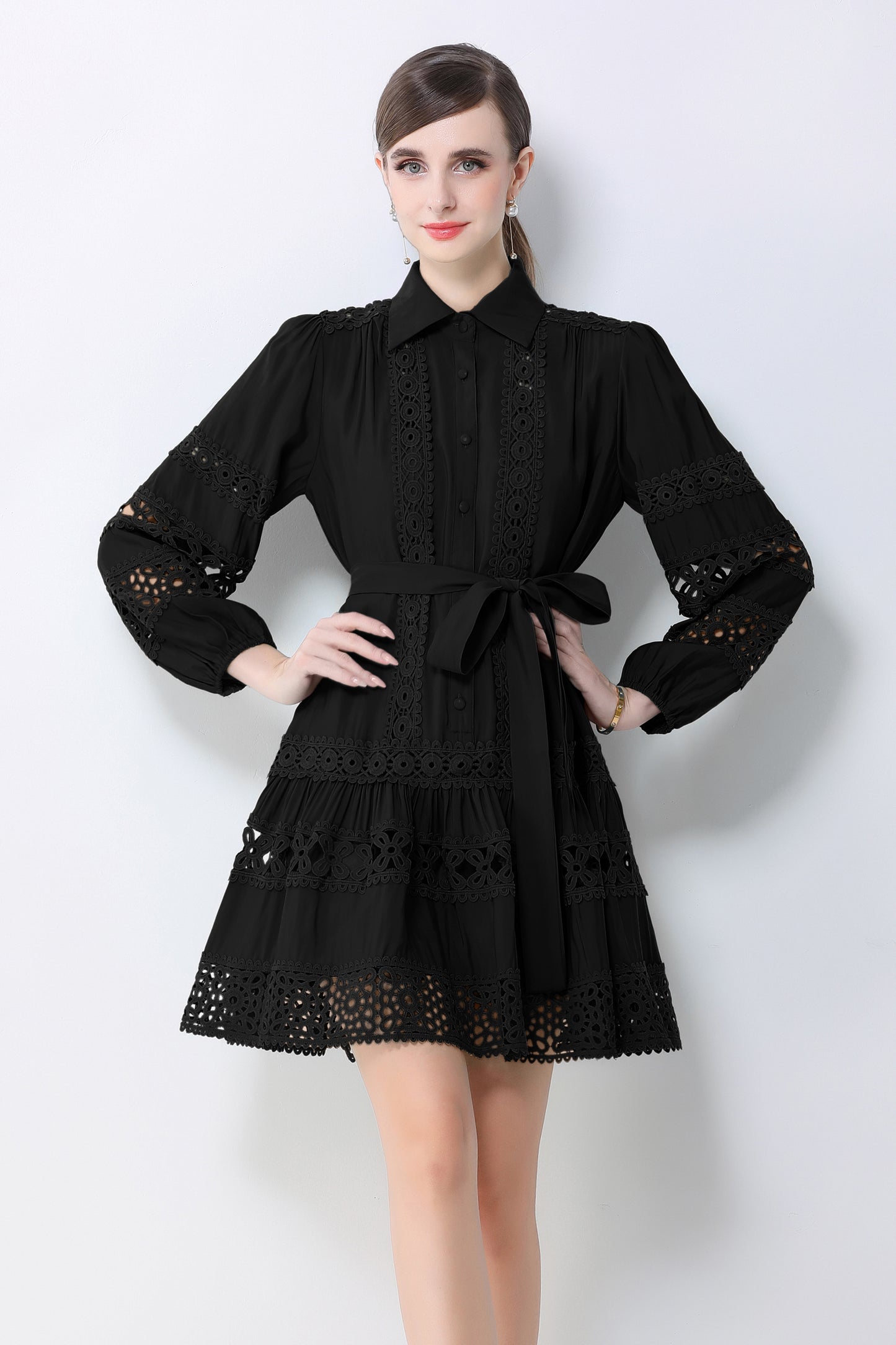 Women's Hollow Out Lace Puff Sleeve Button Mini Dress - LAI MENG FIVE CATS